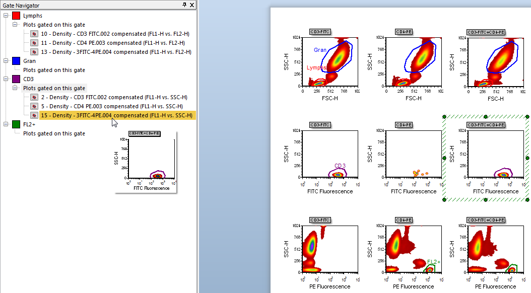 Figure T13.11  Application of the CD3 Gate to the 2D Density Plot of CD3-FITC+CD4-PE (FL1-H vs. SSC-H)