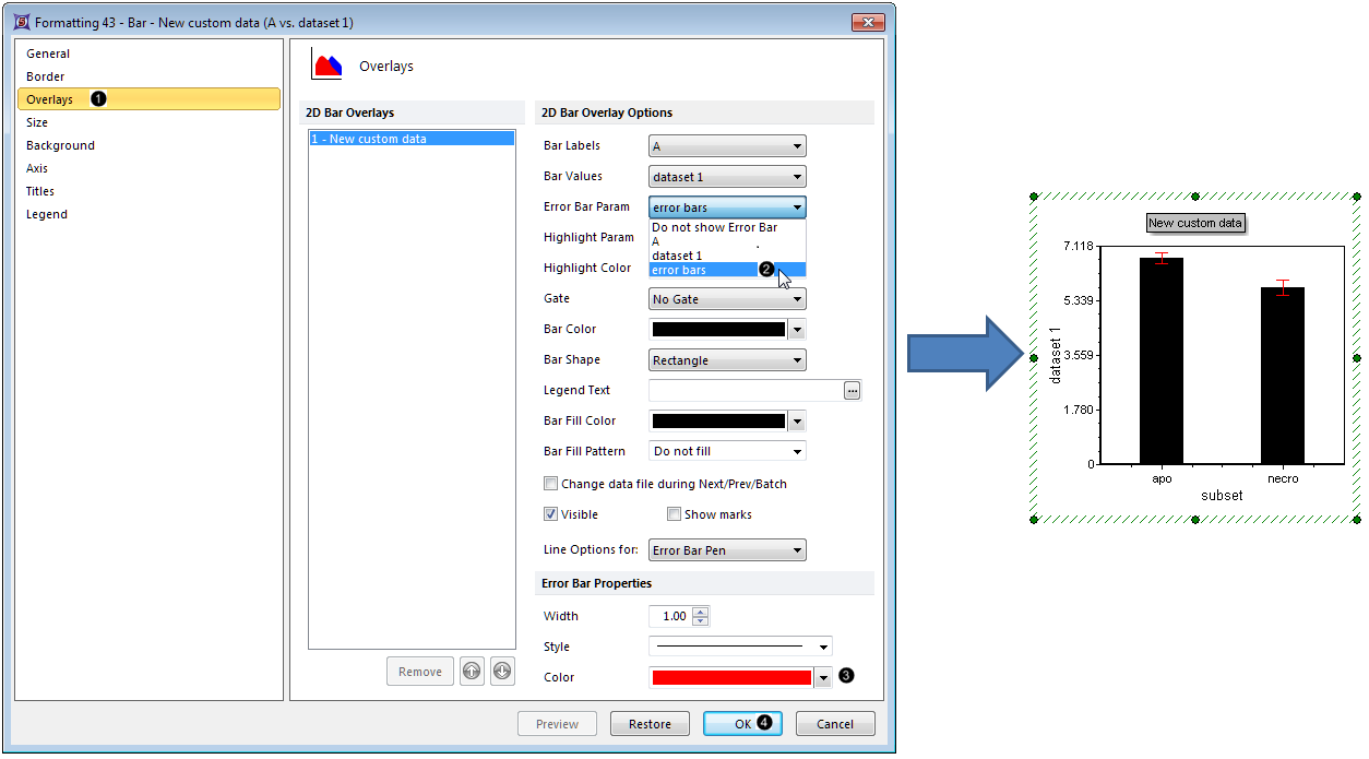 Figure 41.  Adding error bars to a Bar Plot in the Formatting dialog