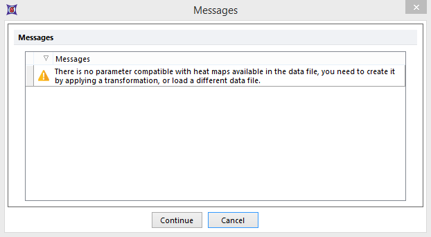 Figure 29.70 Warning message when inserting a heat map for data sets not derived from a plate based data file. Figure 29.70 Warning message when inserting a heat map for data sets not derived from a plate based data file.
