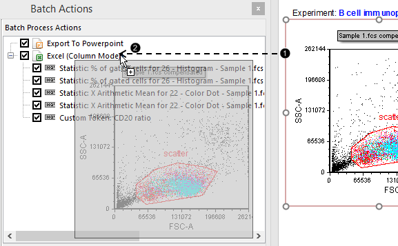 Figure T29.42 Dragging and dropping a plot-derived element into the Excel export of the Batch Process Actions window Figure T29.42 Dragging and dropping a plot-derived element into the Excel export of the Batch Process Actions window