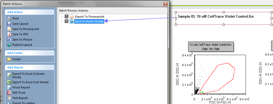 Figure T20.16 Dragging and dropping the sample ID text box to the Excel (Column Mode) batch action. Figure T20.16 Dragging and dropping the sample ID text box to the Excel (Column Mode) batch action.