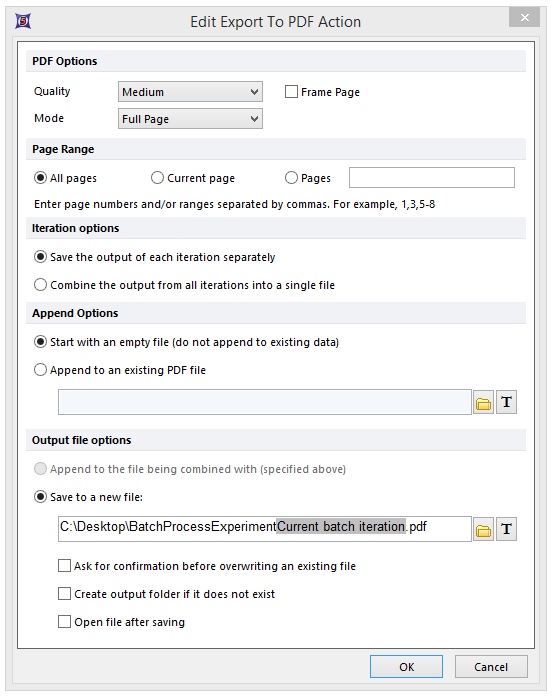 Figure T18.32c - Create Export To PDF Action Dialog