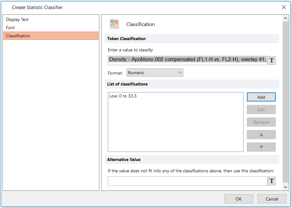 Figure T5.39B  Create Statistic Classifier Dialog with "Low" Token Defined