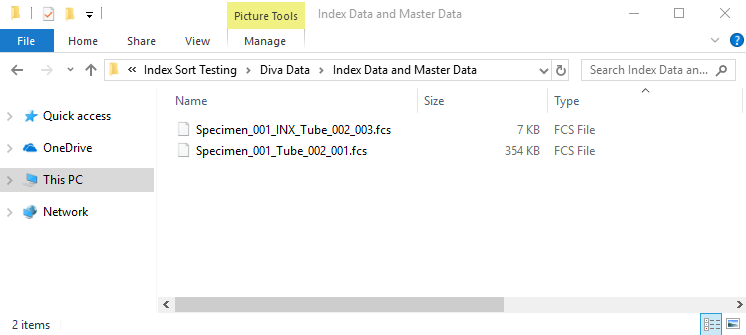Figure 5.97 Diva Index Sorting Data Files. Note the larger sized "master" file that contains all events collected and the smaller size file that only contains sorted events. 