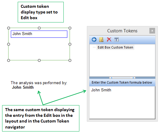 Figure 12.73 The text of "John Smith" was entered in the Edit box. The value was updated in the Custom Token window and also in the secondary text box containing the token.