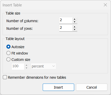 Figure 5.156 - Insert Table Ribbon and Dialog