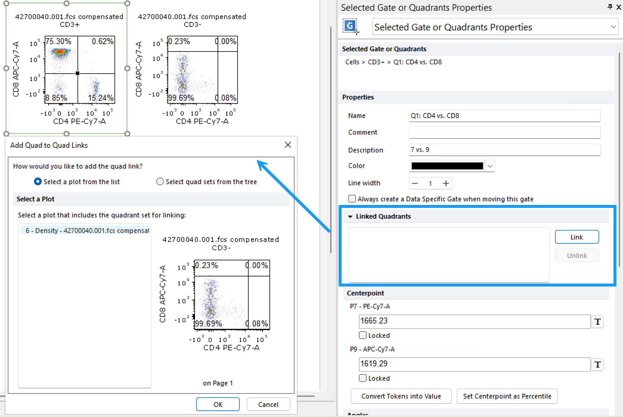 Figure 7.57 Creating a Linked Quadrant Using The Selected Gate or Quadrant Properties.&nbsp;