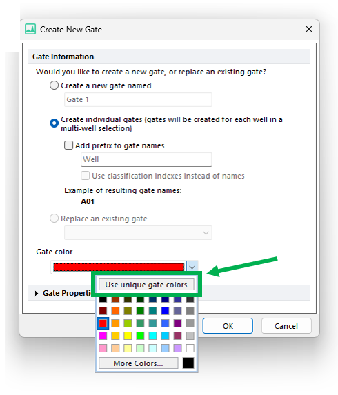 Figure 5.80 The "Create New Gate" dialog with the "Use unique gate colors" button highlighted.