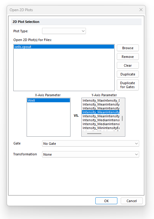 Figure T26.32  Opening a Heat Map and Choosing the Y-Axis Parameter from the Open 2D Plots Dialog